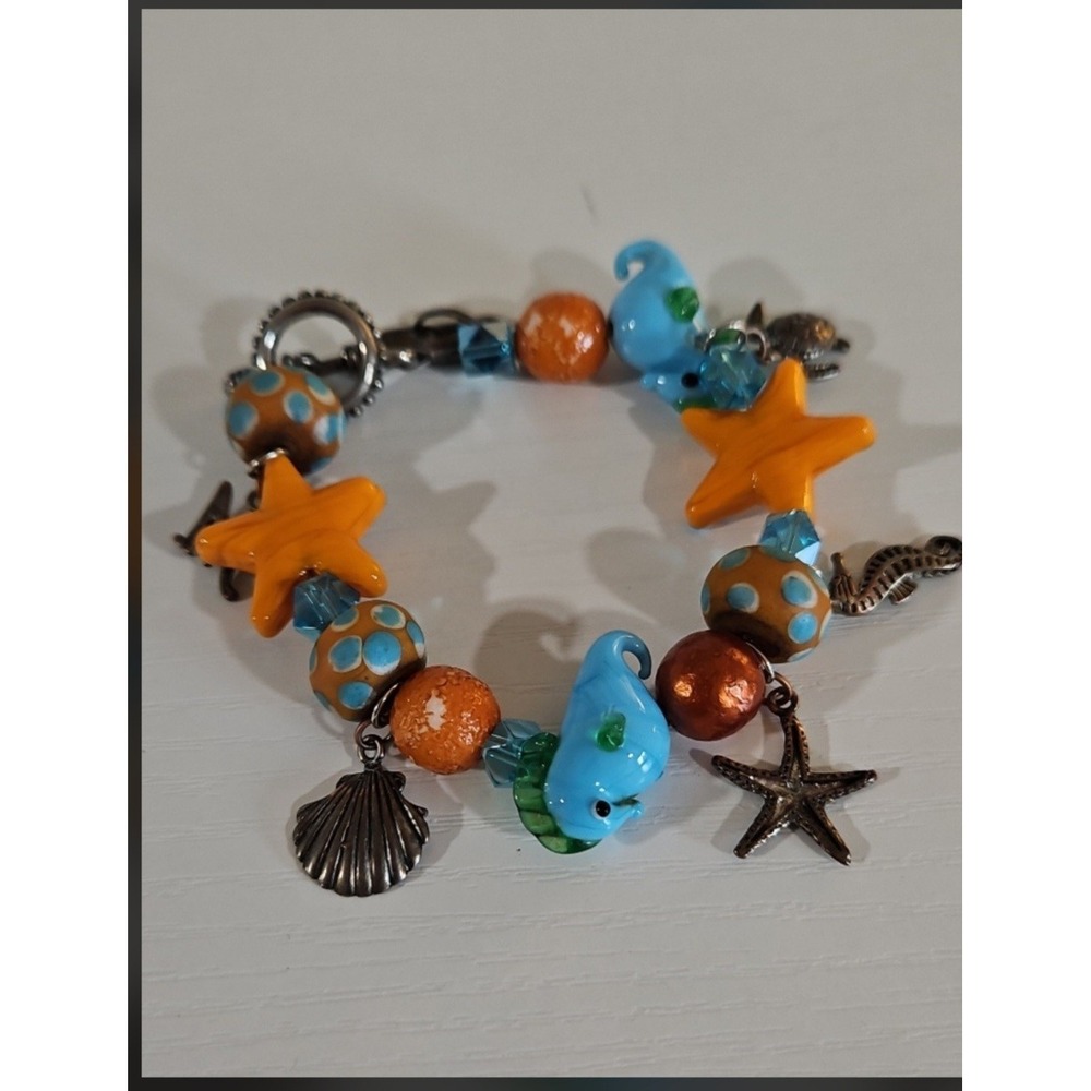 Artisan Nautical Ocean Theme Lampwork Glass & Pewter Charm Bracelet 8"